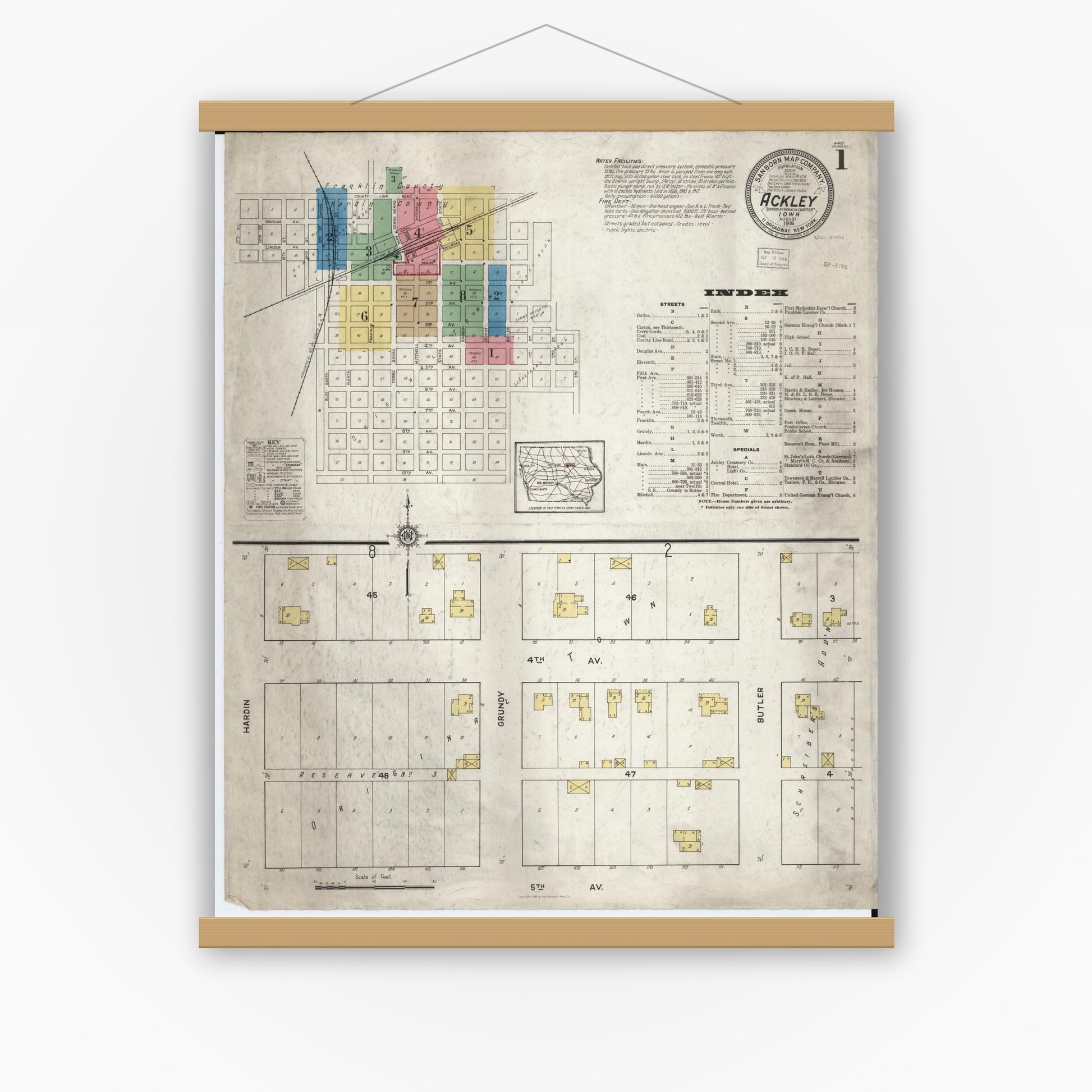 Old map wall art mockup — magnetic wood frame on white wall — Sanborn Fire Insurance Map from Ackley, Hardin and Franklin Counties, Iowa (1916) â€” Complete Set