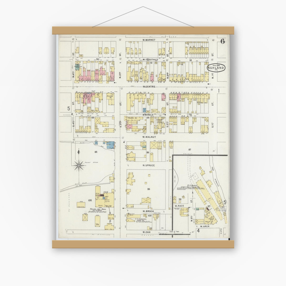 Old map wall art mockup — magnetic wood frame on white wall — Sanborn Fire Insurance Map from Ashland, Schuylkill County, Pennsylvania (1896), Sheet #0006