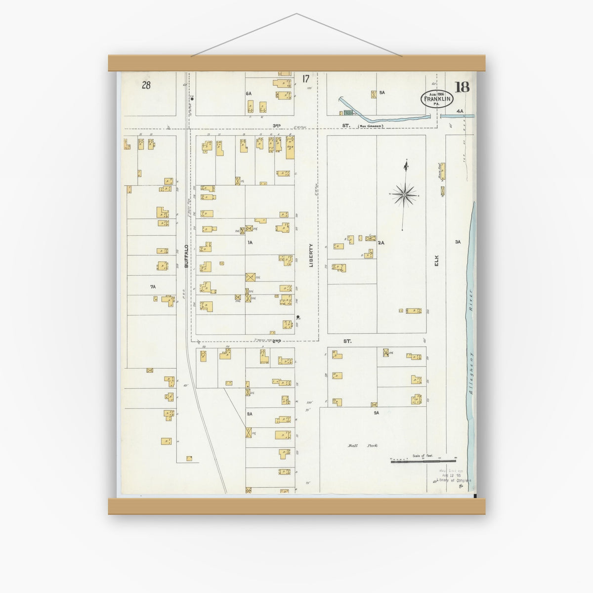 Old map wall art mockup — magnetic wood frame on white wall — Sanborn Fire Insurance Map from Franklin, Venango County, Pennsylvania (1906), Sheet #0018