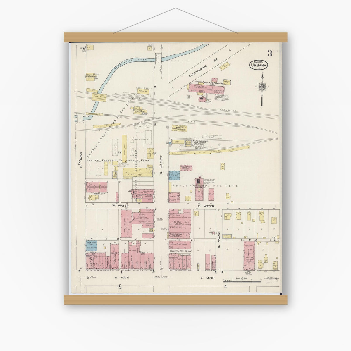 Old map wall art mockup — magnetic wood frame on white wall — Sanborn Fire Insurance Map from Urbana, Champaign County, Illinois (1915), Sheet #0003