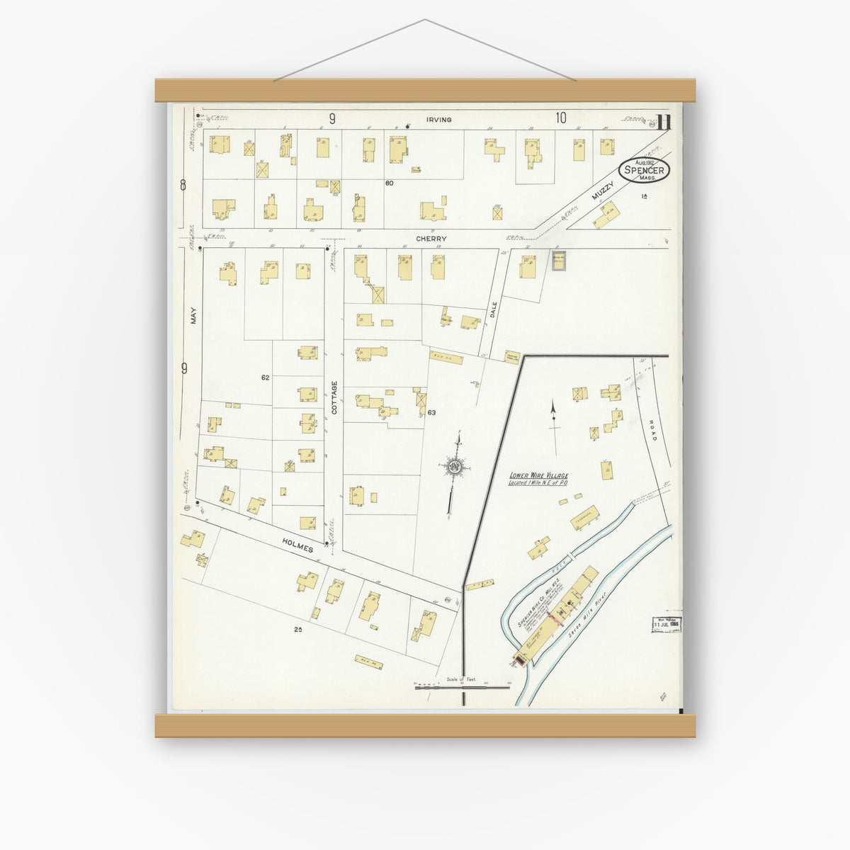 Old map wall art mockup — magnetic wood frame on white wall — Sanborn Fire Insurance Map from Spencer, Worcester County, Massachusetts (1912), Sheet #0011