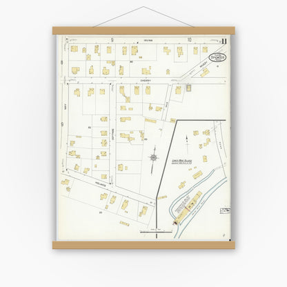 Old map wall art mockup — magnetic wood frame on white wall — Sanborn Fire Insurance Map from Spencer, Worcester County, Massachusetts (1912), Sheet #0011
