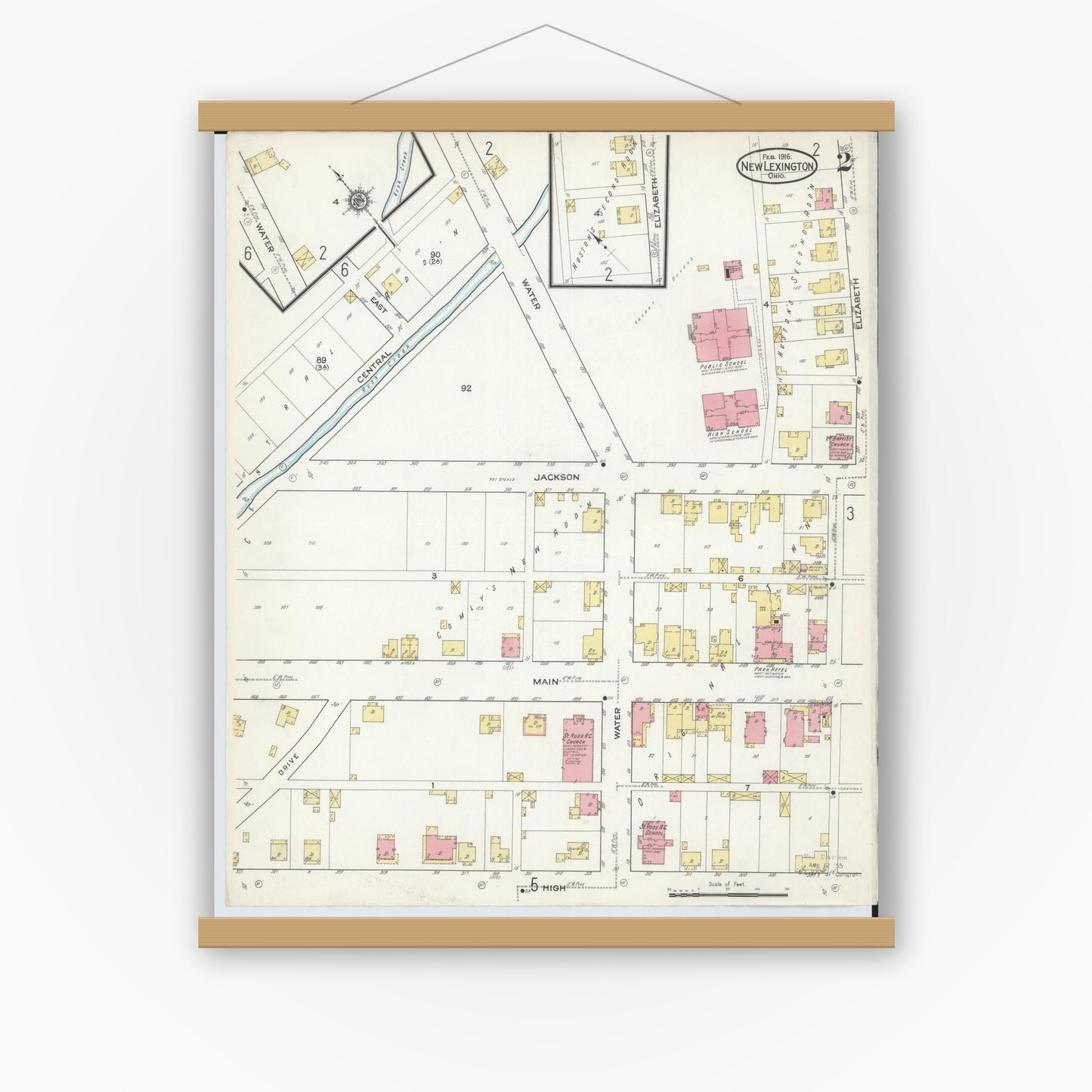 Old map wall art mockup — magnetic wood frame on white wall — Sanborn Fire Insurance Map from New Lexington, Perry County, Ohio (1916), Sheet #0002