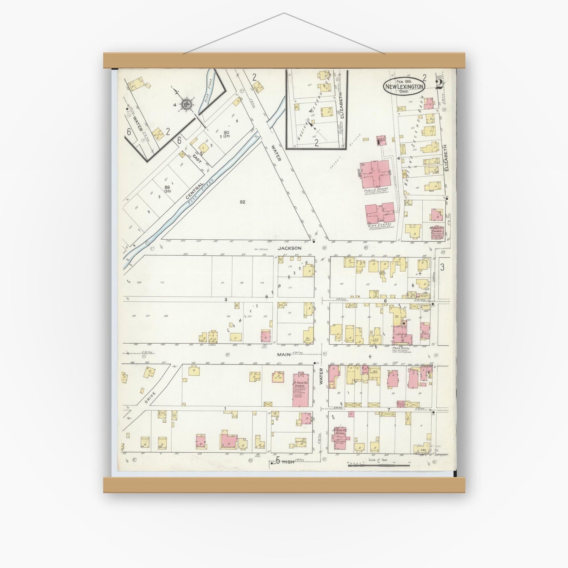 Old map wall art mockup — magnetic wood frame on white wall — Sanborn Fire Insurance Map from New Lexington, Perry County, Ohio (1916), Sheet #0002