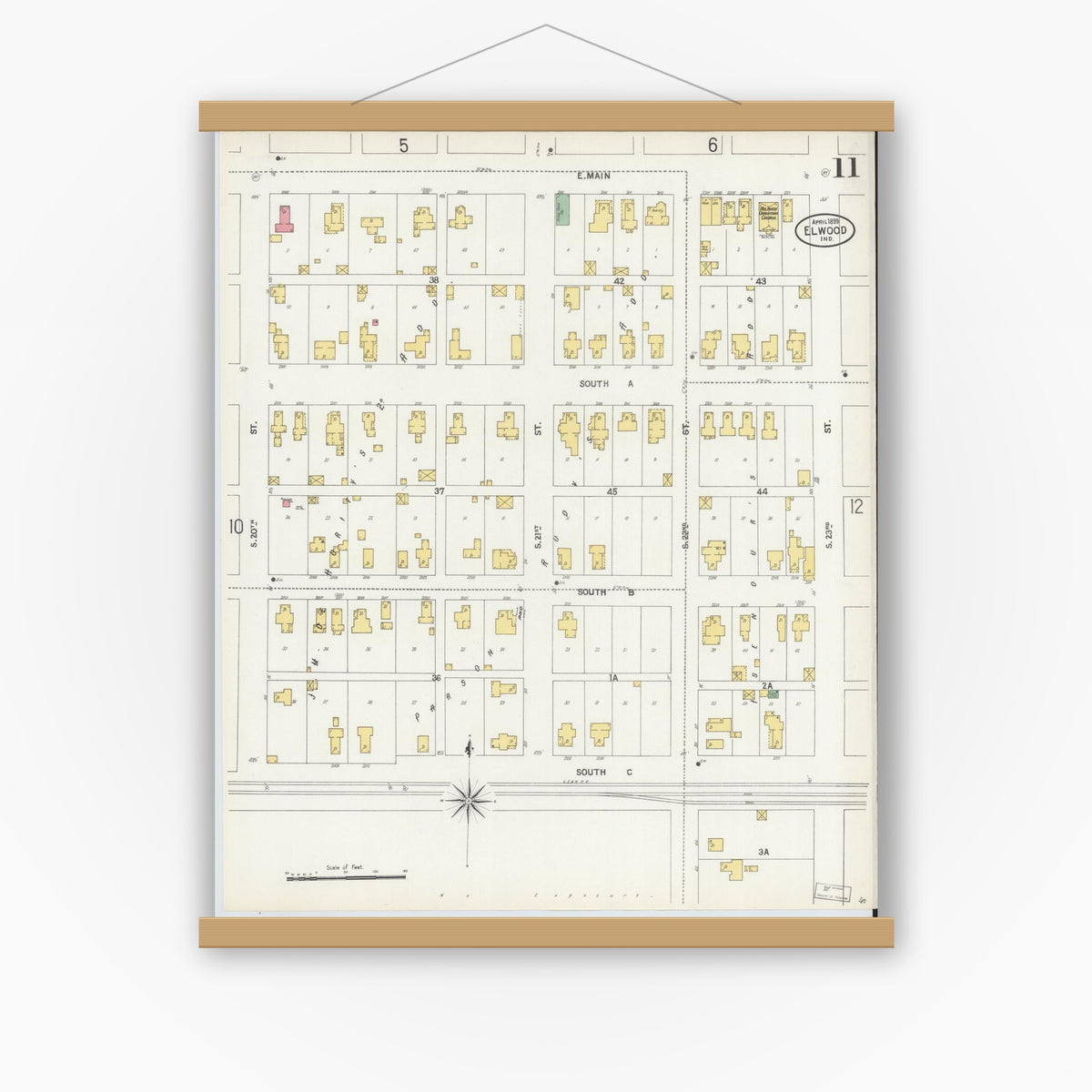 Old map wall art mockup — magnetic wood frame on white wall — Sanborn Fire Insurance Map from Elwood, Madison County, Indiana (1899), Sheet #0011