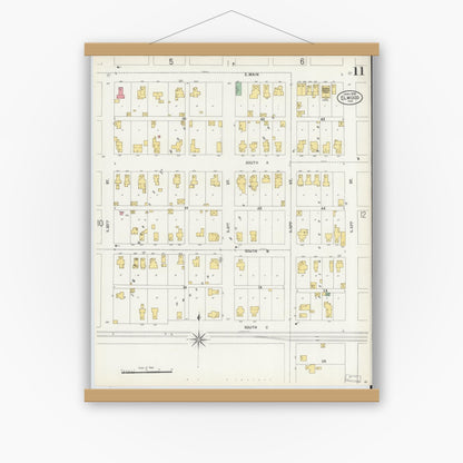 Old map wall art mockup — magnetic wood frame on white wall — Sanborn Fire Insurance Map from Elwood, Madison County, Indiana (1899), Sheet #0011