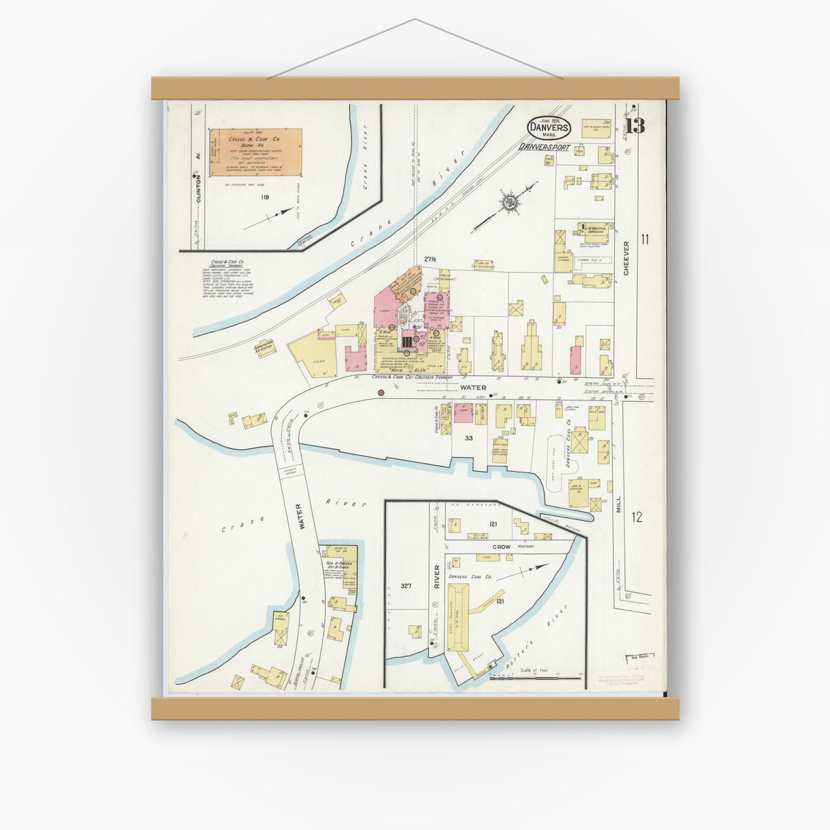Old map wall art mockup — magnetic wood frame on white wall — Sanborn Fire Insurance Map from Danvers, Essex County, Massachusetts (1916), Sheet #0013