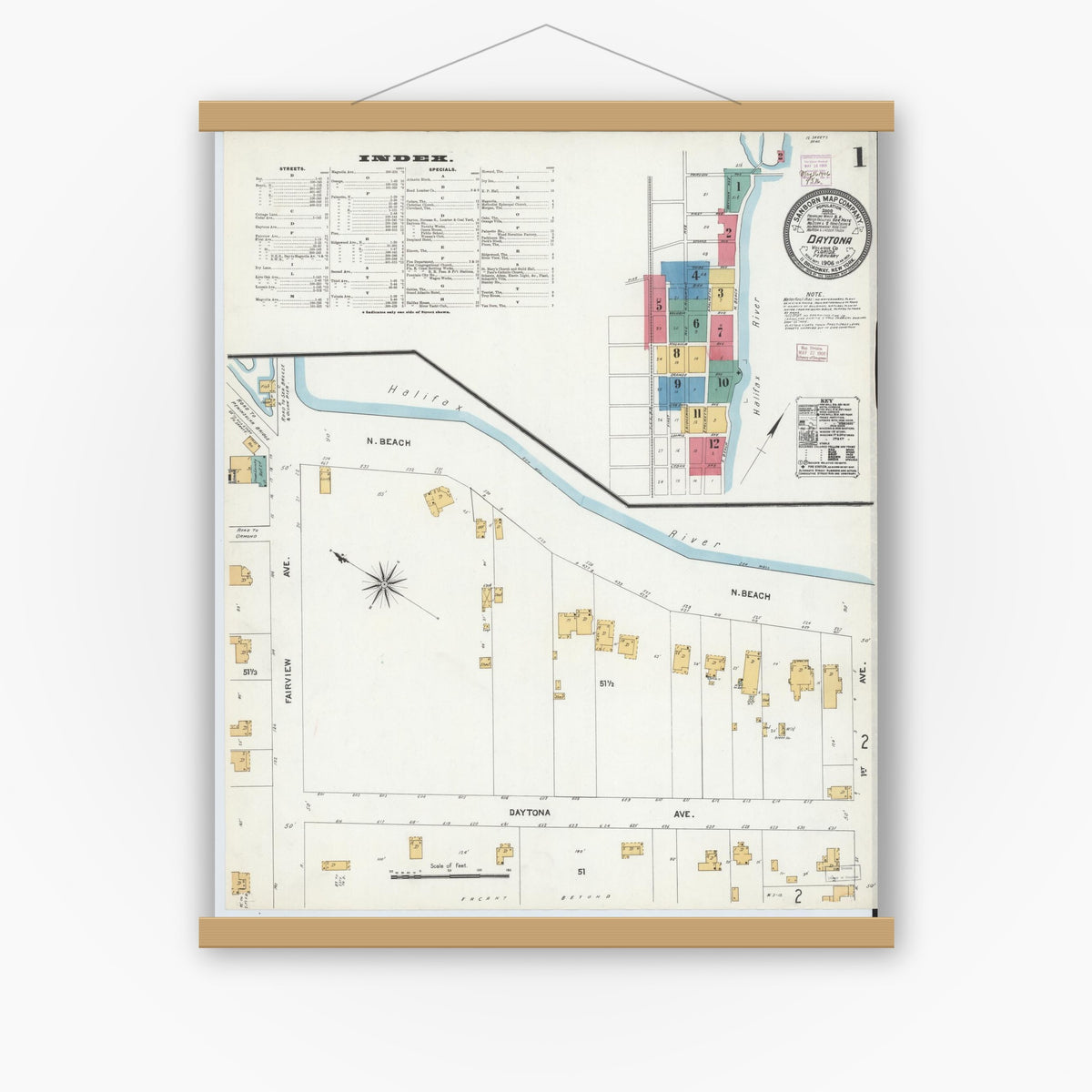 Old map wall art mockup — magnetic wood frame on white wall — Sanborn Fire Insurance Map from Daytona, Volusia County, Florida (1906), Sheet #0001