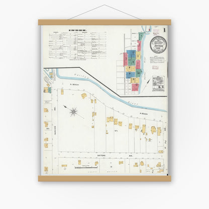 Old map wall art mockup — magnetic wood frame on white wall — Sanborn Fire Insurance Map from Daytona, Volusia County, Florida (1906), Sheet #0001