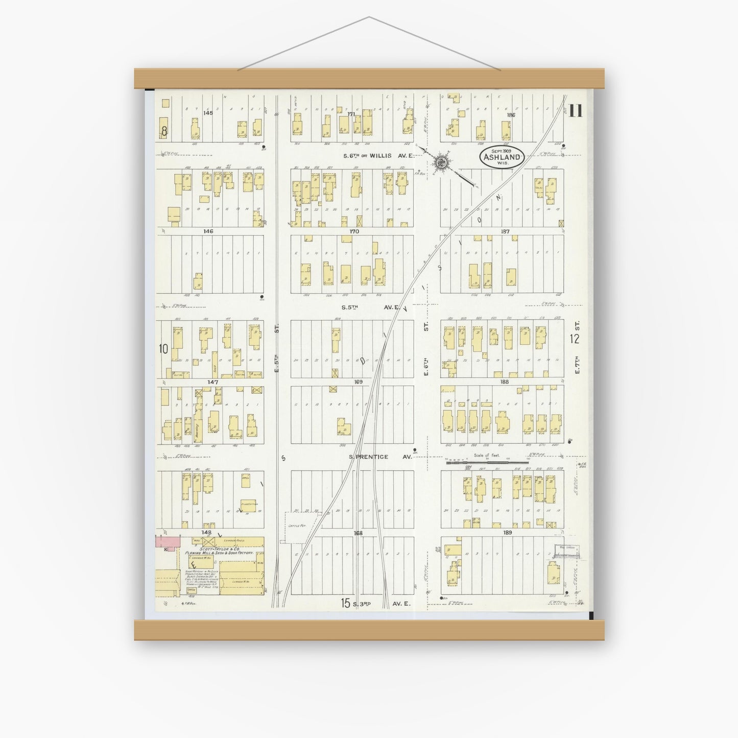Old map wall art mockup — magnetic wood frame on white wall — Sanborn Fire Insurance Map from Ashland, Ashland County, Wisconsin (1909), Sheet #0011