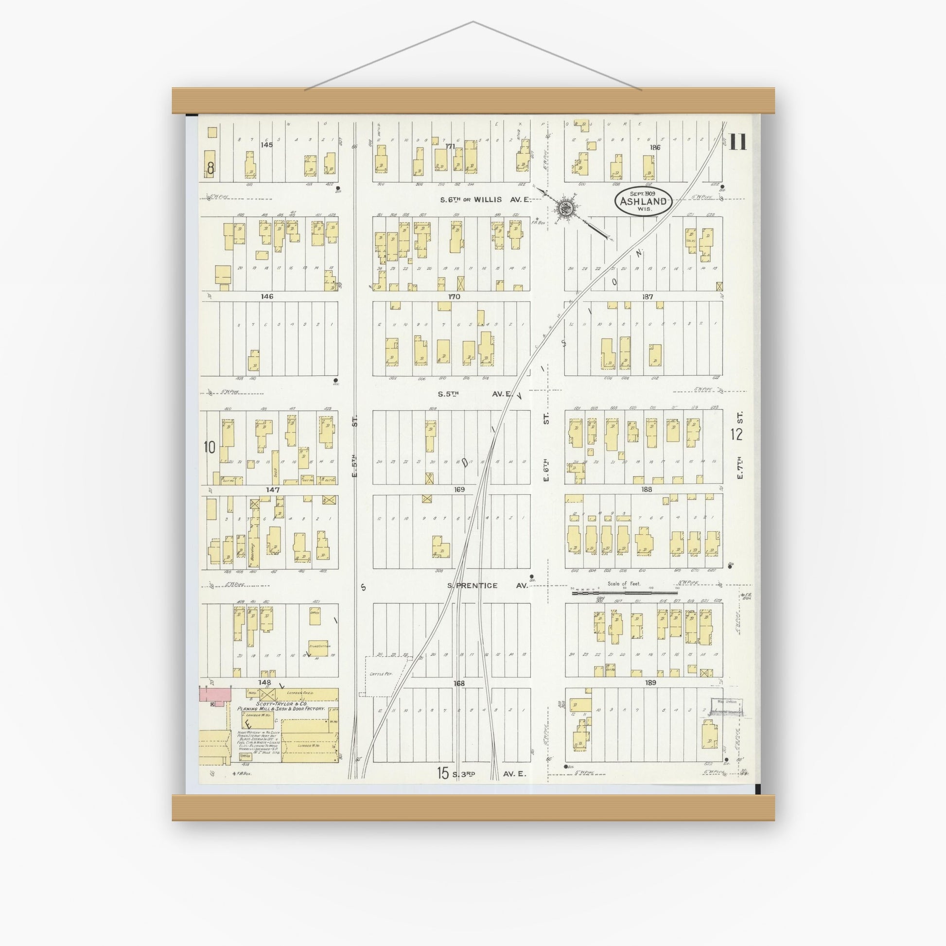 Old map wall art mockup — magnetic wood frame on white wall — Sanborn Fire Insurance Map from Ashland, Ashland County, Wisconsin (1909), Sheet #0011