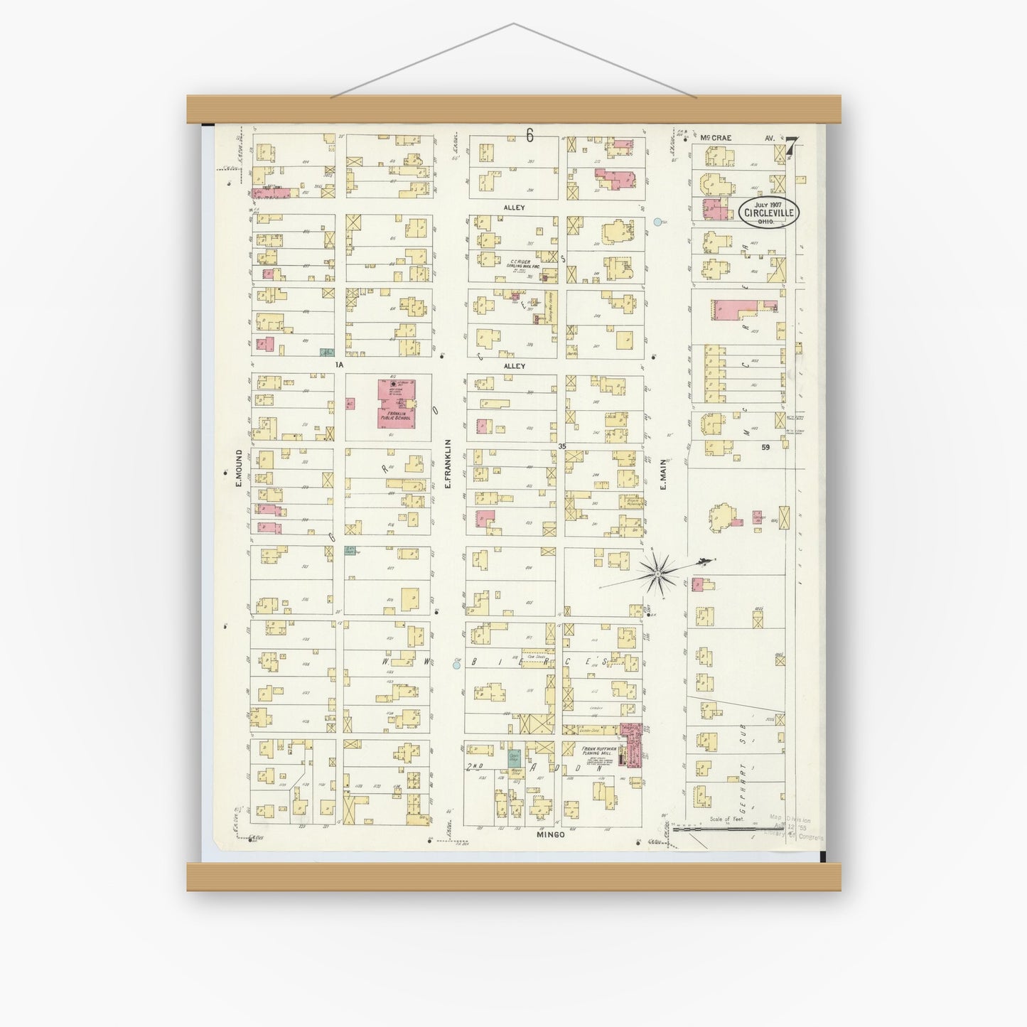 Old map wall art mockup — magnetic wood frame on white wall — Sanborn Fire Insurance Map from Circleville, Pickaway County, Ohio (1907), Sheet #0007