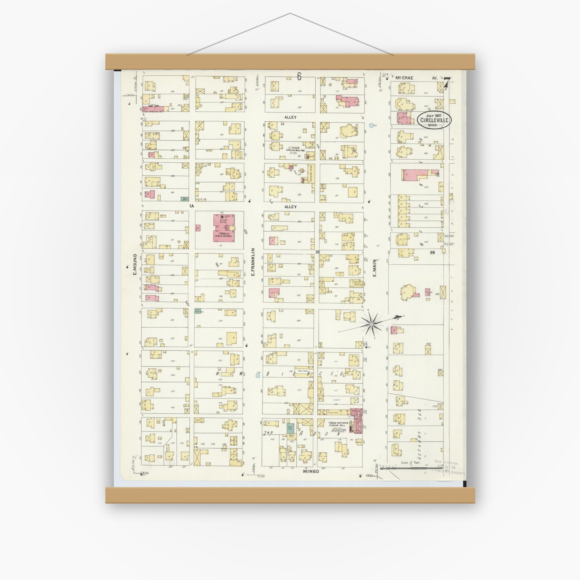 Old map wall art mockup — magnetic wood frame on white wall — Sanborn Fire Insurance Map from Circleville, Pickaway County, Ohio (1907), Sheet #0007