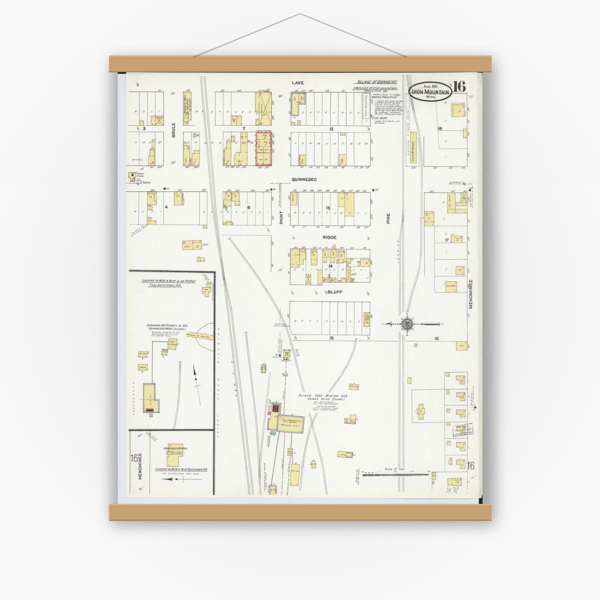 Old map wall art mockup — magnetic wood frame on white wall — Sanborn Fire Insurance Map from Iron Mountain, Dickinson County, Michigan (1911), Sheet #0016