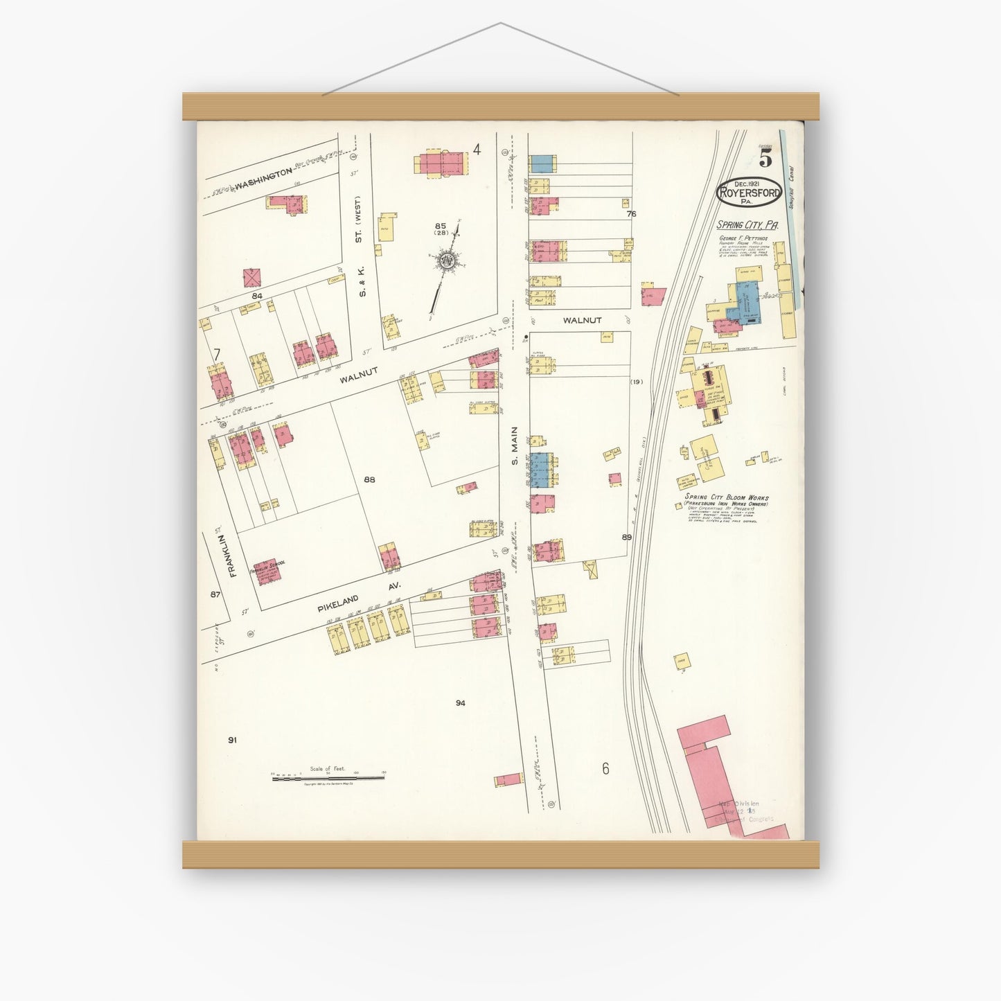 Old map wall art mockup — magnetic wood frame on white wall — Sanborn Fire Insurance Map from Royersford, Montgomery County, Pennsylvania (1921), Sheet #0005