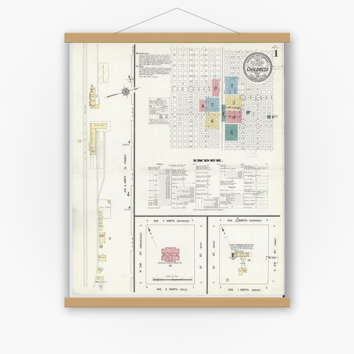 Old map wall art mockup — magnetic wood frame on white wall — Sanborn Fire Insurance Map from Childress, Childress County, Texas (1912), Sheet #0001