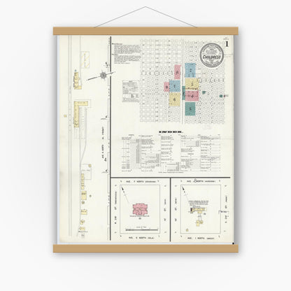 Old map wall art mockup — magnetic wood frame on white wall — Sanborn Fire Insurance Map from Childress, Childress County, Texas (1912), Sheet #0001