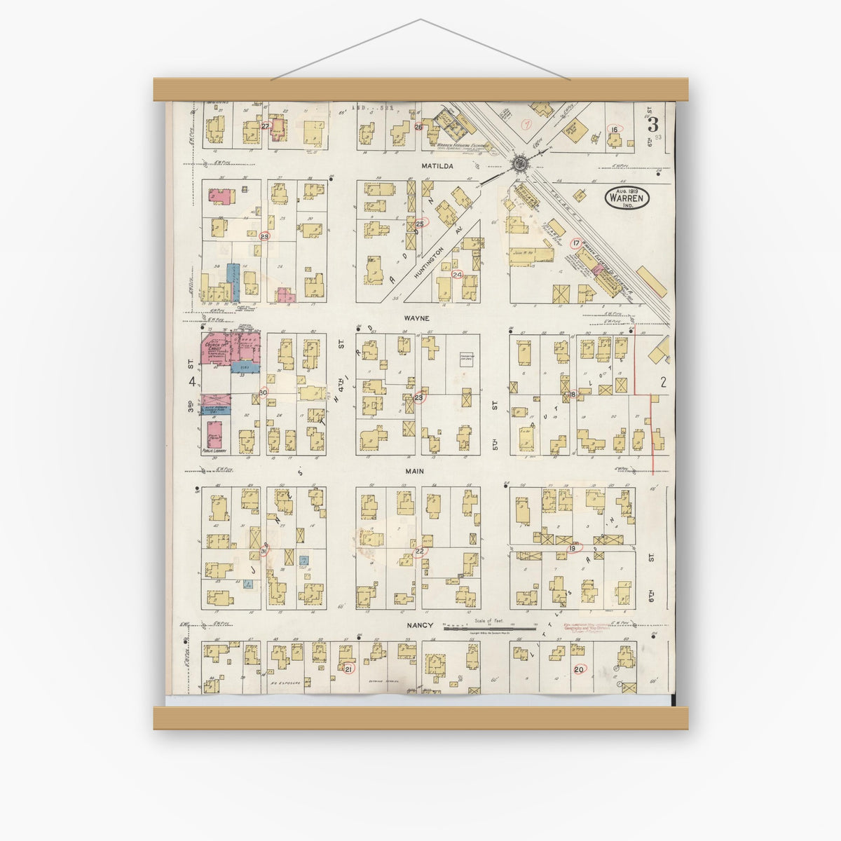 Old map wall art mockup — magnetic wood frame on white wall — Sanborn Fire Insurance Map from Warren, Huntington County, Indiana (1932), Sheet #0003