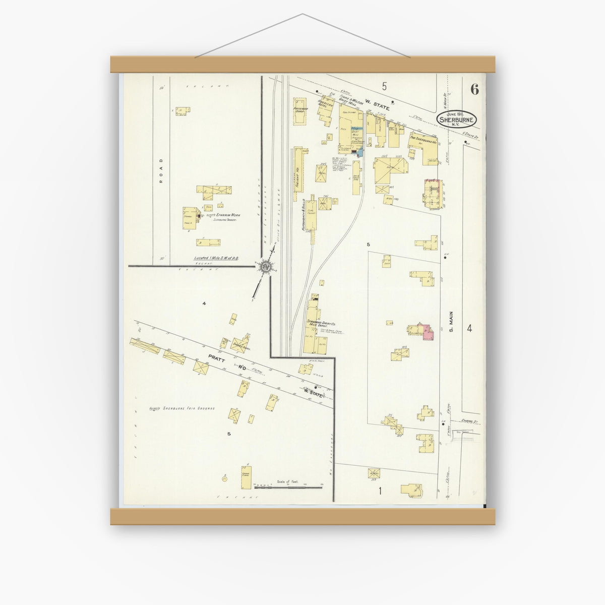 Old map wall art mockup — magnetic wood frame on white wall — Sanborn Fire Insurance Map from Sherburne, Chenango County, New York (1911), Sheet #0006