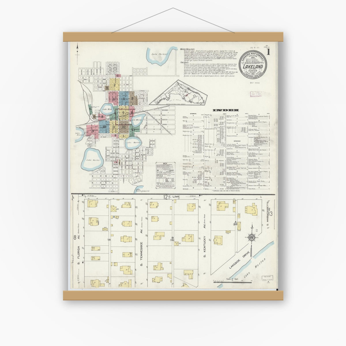 Old map wall art mockup — magnetic wood frame on white wall — Sanborn Fire Insurance Map from Lakeland, Polk County, Florida (1913), Sheet #0001