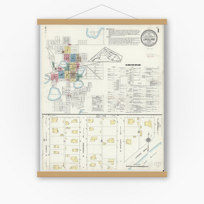 Old map wall art mockup — magnetic wood frame on white wall — Sanborn Fire Insurance Map from Lakeland, Polk County, Florida (1913), Sheet #0001