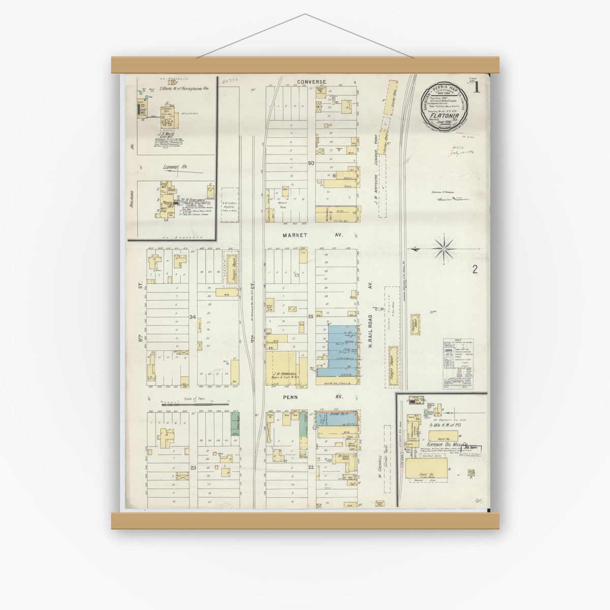 Old map wall art mockup — magnetic wood frame on white wall — Sanborn Fire Insurance Map from Flatonia, Fayette County, Texas (1896) - Complete Map Set