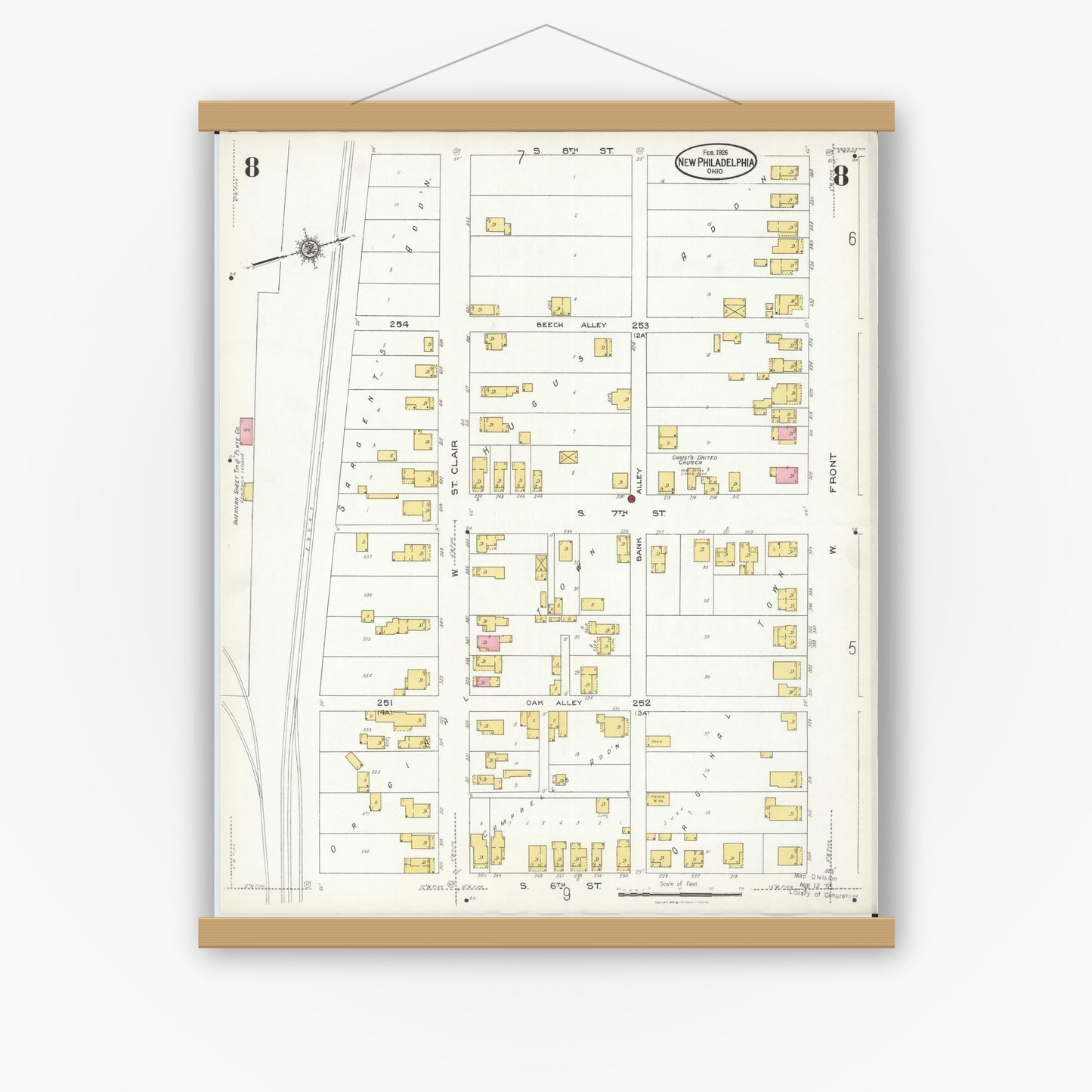 Old map wall art mockup — magnetic wood frame on white wall — Sanborn Fire Insurance Map from New Philadelphia, Tuscarawas County, Ohio (1926), Sheet #0008