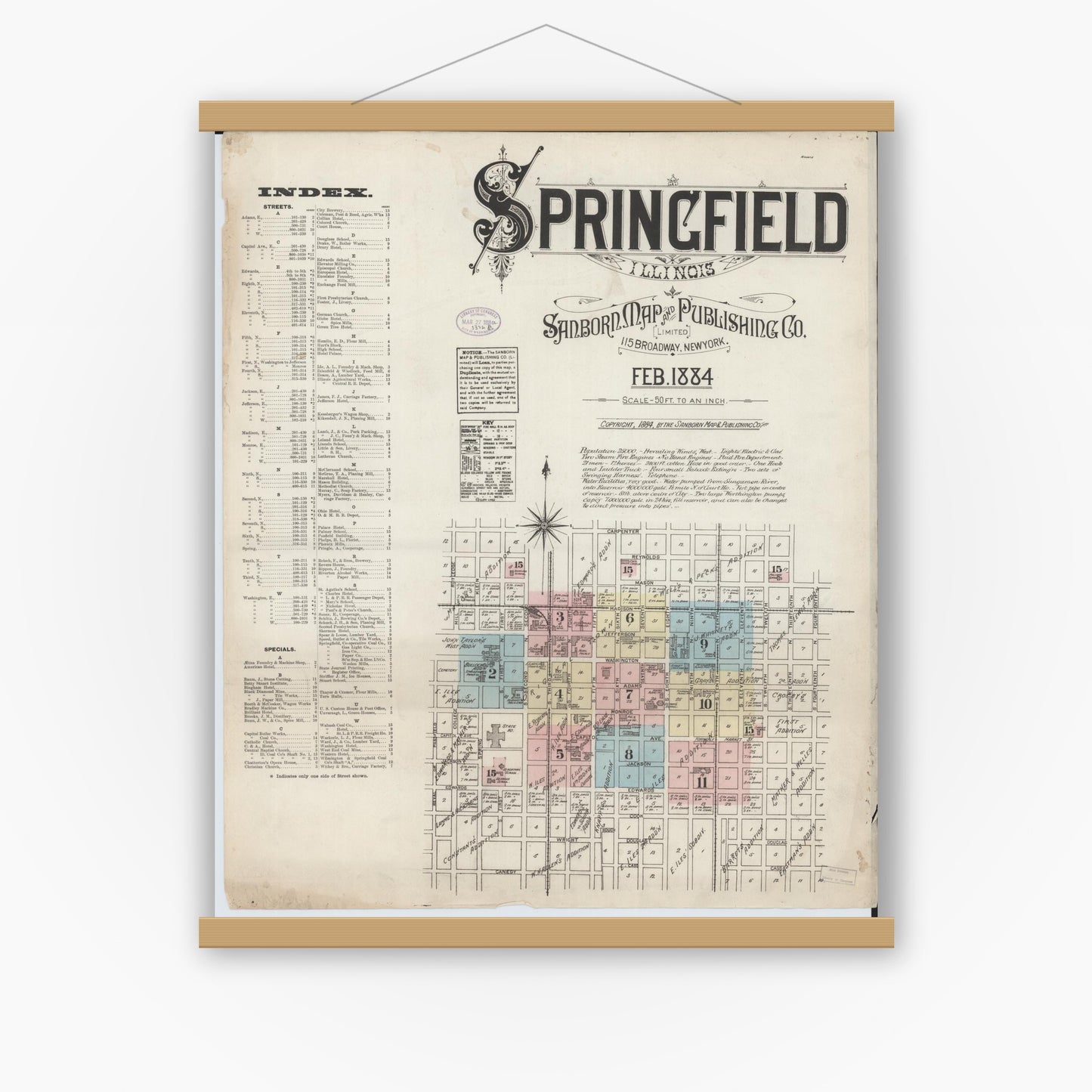 Old map wall art mockup — magnetic wood frame on white wall — Sanborn Fire Insurance Map from Springfield, Sangamon County, Illinois (1884) - Complete Map Set