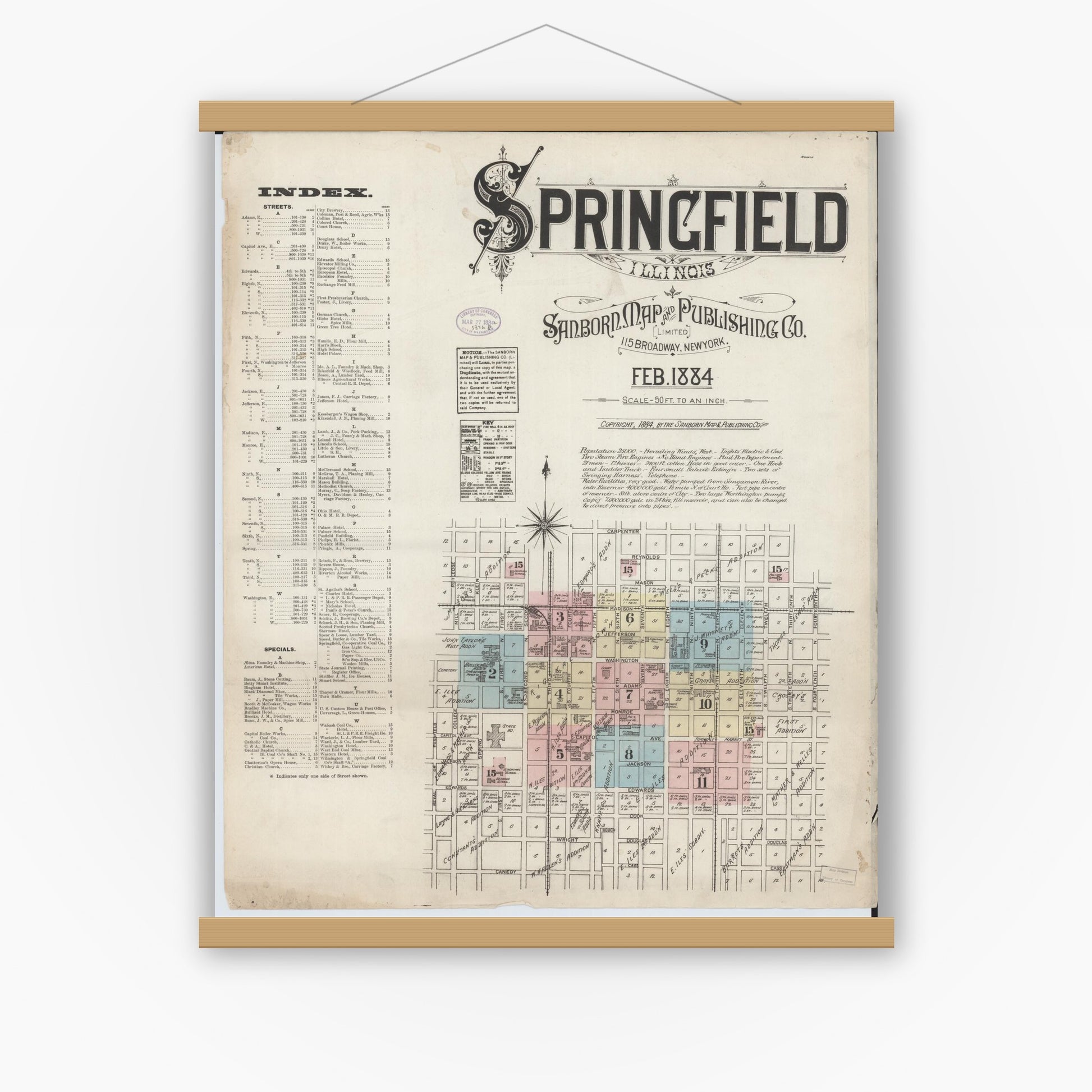 Old map wall art mockup — magnetic wood frame on white wall — Sanborn Fire Insurance Map from Springfield, Sangamon County, Illinois (1884) - Complete Map Set