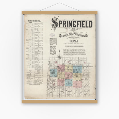 Old map wall art mockup — magnetic wood frame on white wall — Sanborn Fire Insurance Map from Springfield, Sangamon County, Illinois (1884) - Complete Map Set
