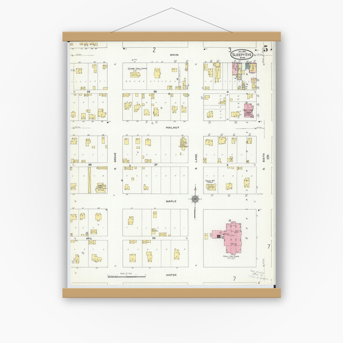 Old map wall art mockup — magnetic wood frame on white wall — Sanborn Fire Insurance Map from Sleepy Eye, Brown County, Minnesota (1909), Sheet #0005