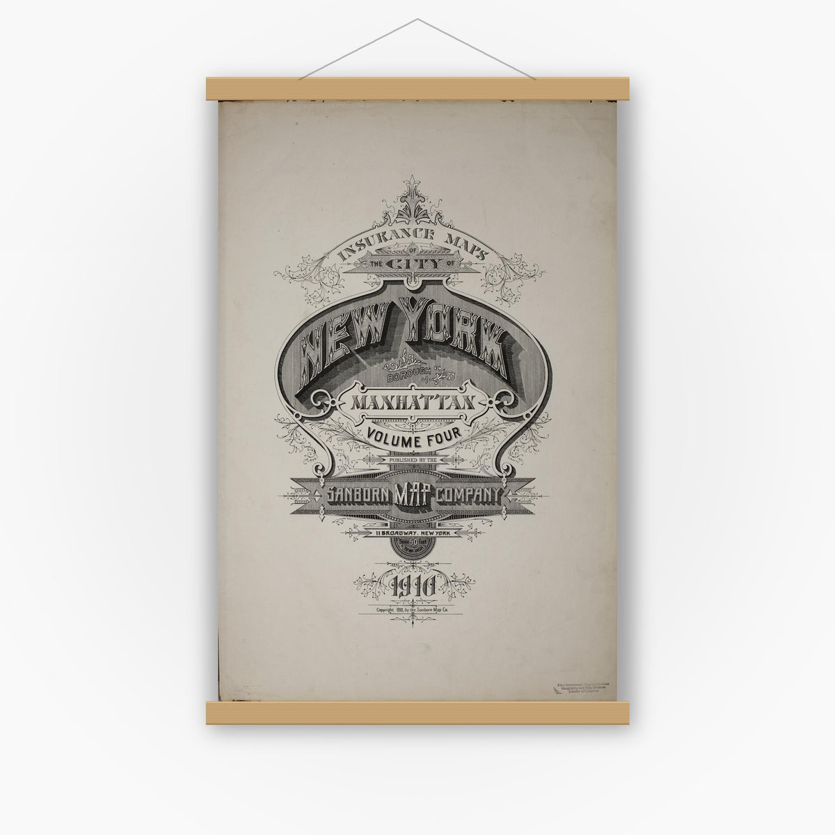 Old map wall art mockup — magnetic wood frame on white wall — Sanborn Fire Insurance Map from New York, Bronx, Manhattan, New York (1910), Sheet #0001