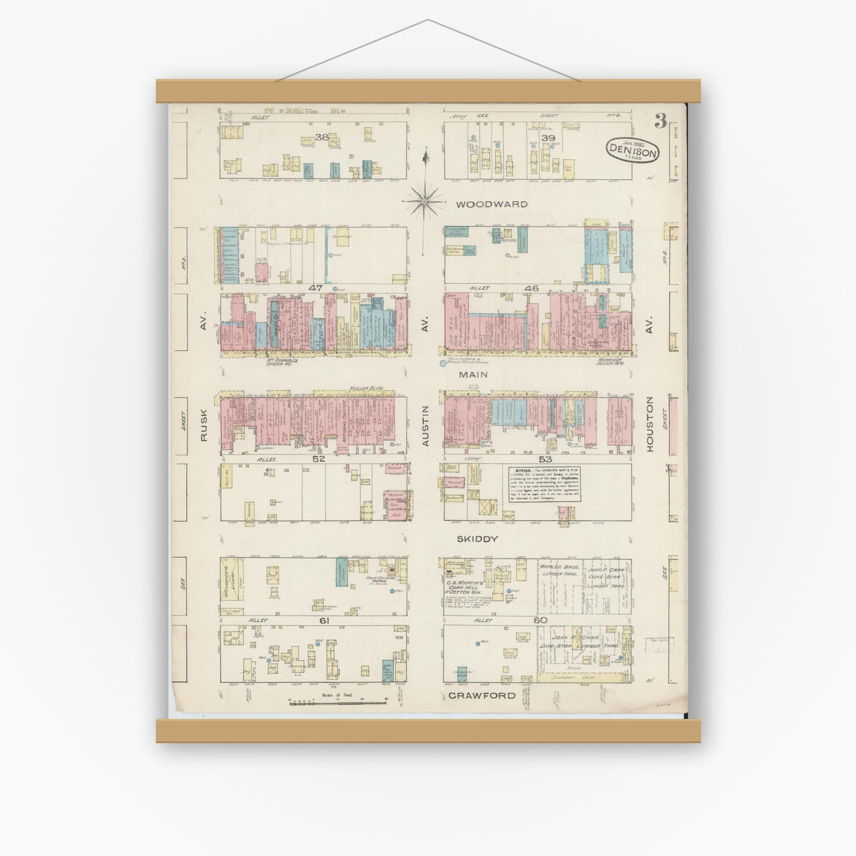 Old map wall art mockup — magnetic wood frame on white wall — Sanborn Fire Insurance Map from Denison, Grayson County, Texas (1885), Sheet #0003