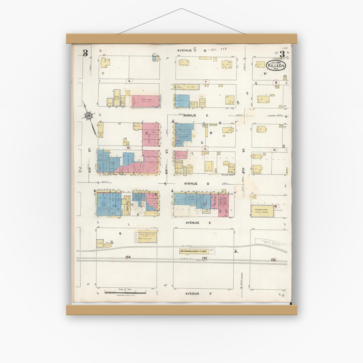 Old map wall art mockup — magnetic wood frame on white wall — Sanborn Fire Insurance Map from Killeen, Bell County, Texas (1937), Sheet #0003