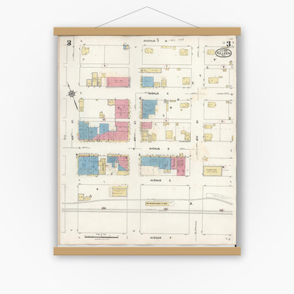 Old map wall art mockup — magnetic wood frame on white wall — Sanborn Fire Insurance Map from Killeen, Bell County, Texas (1937), Sheet #0003