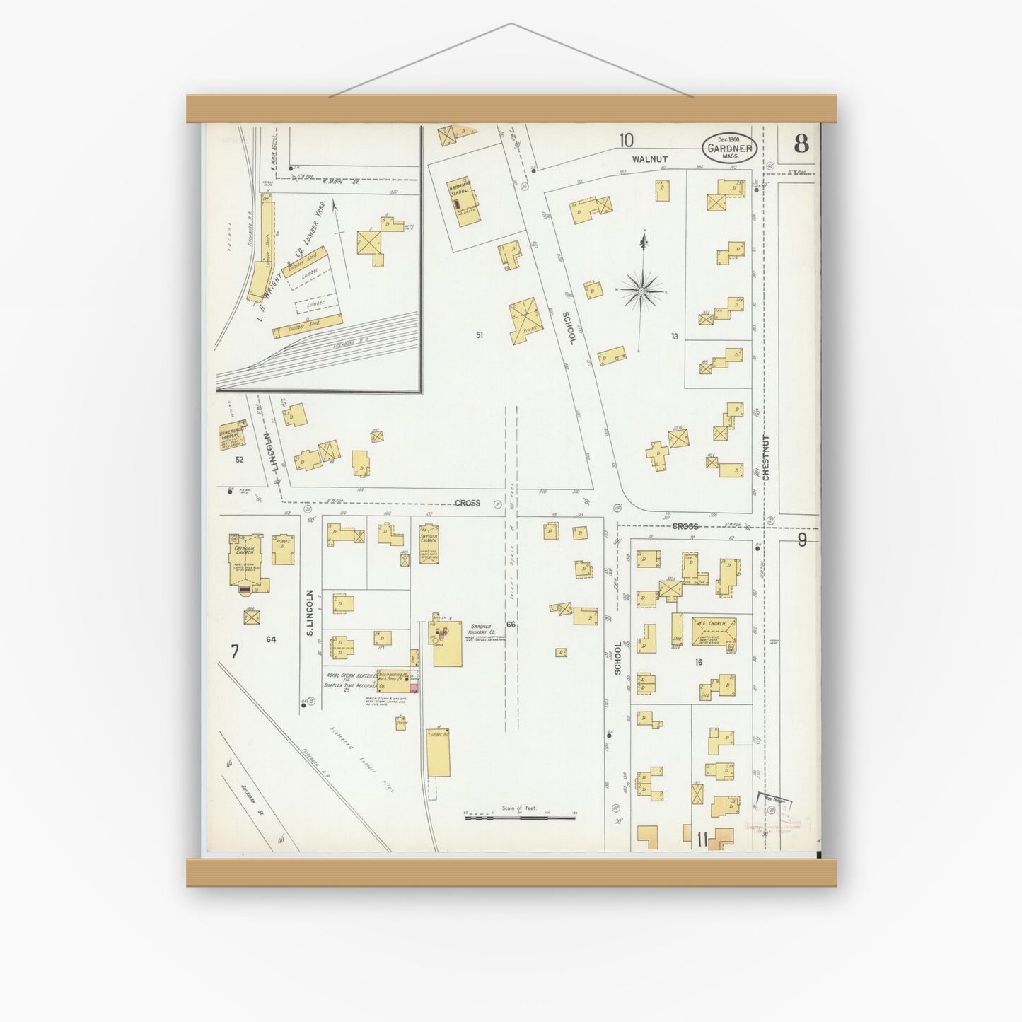 Old map wall art mockup — magnetic wood frame on white wall — Sanborn Fire Insurance Map from Gardner, Worcester County, Massachusetts (1900), Sheet #0008