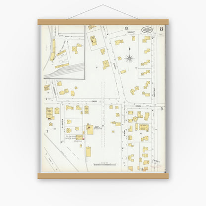 Old map wall art mockup — magnetic wood frame on white wall — Sanborn Fire Insurance Map from Gardner, Worcester County, Massachusetts (1900), Sheet #0008