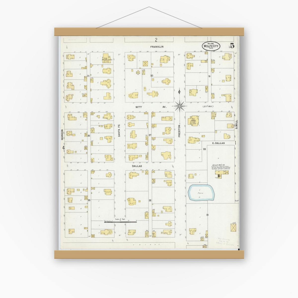Old map wall art mockup — magnetic wood frame on white wall — Sanborn Fire Insurance Map from Wolfe City, Hunt County, Texas (1901), Sheet #0005