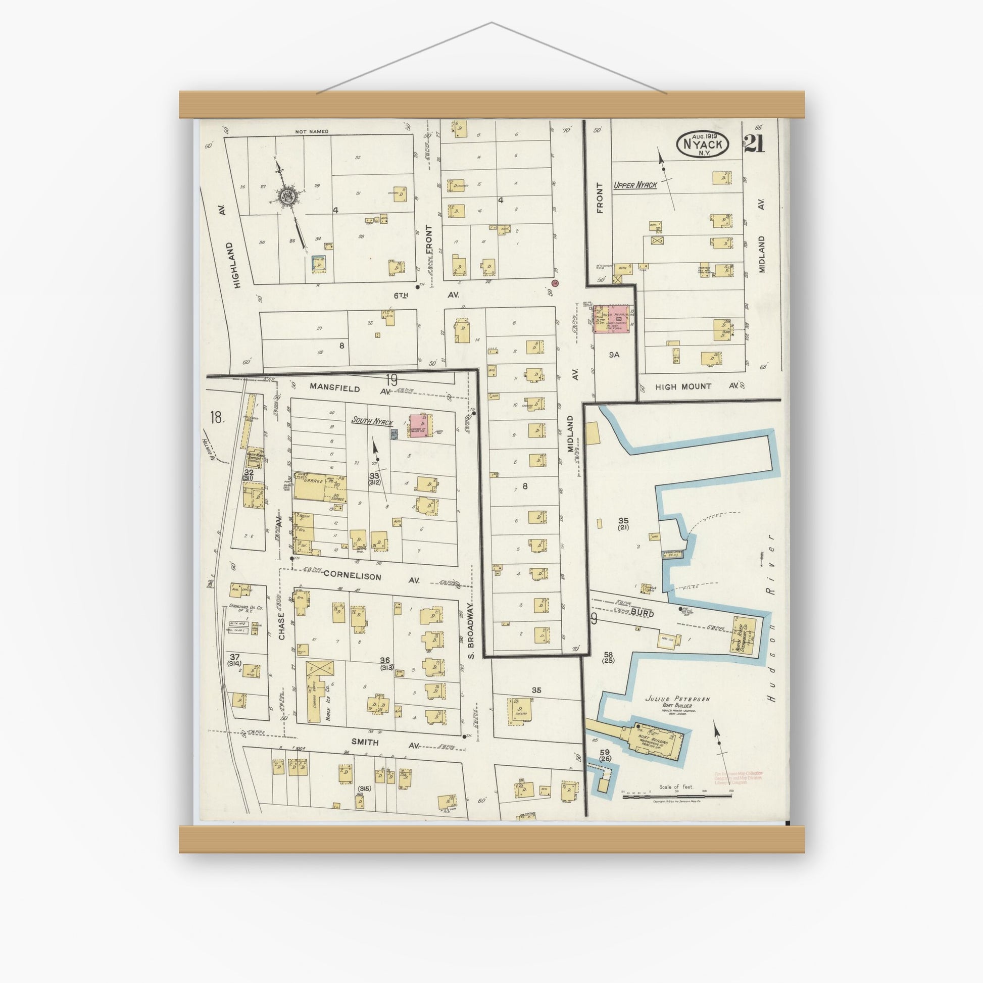 Old map wall art mockup — magnetic wood frame on white wall — Sanborn Fire Insurance Map from Nyack, Rockland County, New York. (1919), Sheet #0021