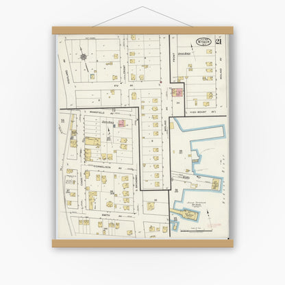 Old map wall art mockup — magnetic wood frame on white wall — Sanborn Fire Insurance Map from Nyack, Rockland County, New York. (1919), Sheet #0021