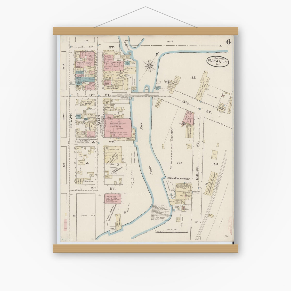 Old map wall art mockup — magnetic wood frame on white wall — Sanborn Fire Insurance Map from Napa, Napa County, California (1886), Sheet #0006