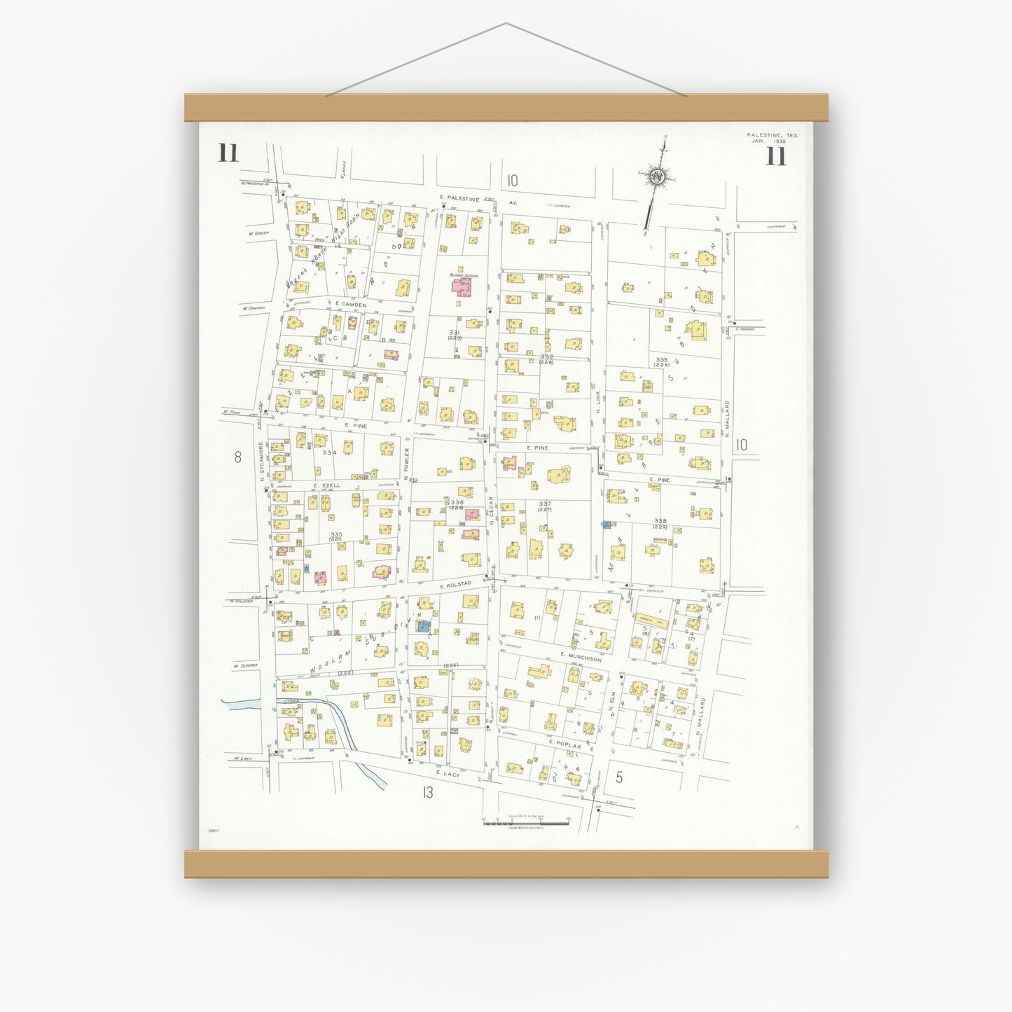 Old map wall art mockup — magnetic wood frame on white wall — Sanborn Fire Insurance Map from Palestine, Anderson County, Texas (1935), Sheet #0011