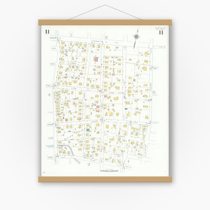 Old map wall art mockup — magnetic wood frame on white wall — Sanborn Fire Insurance Map from Palestine, Anderson County, Texas (1935), Sheet #0011
