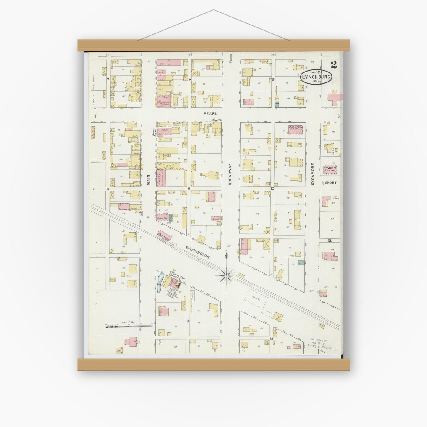 Old map wall art mockup — magnetic wood frame on white wall — Sanborn Fire Insurance Map from Lynchburg, Highland County, Ohio (1895), Sheet #0002