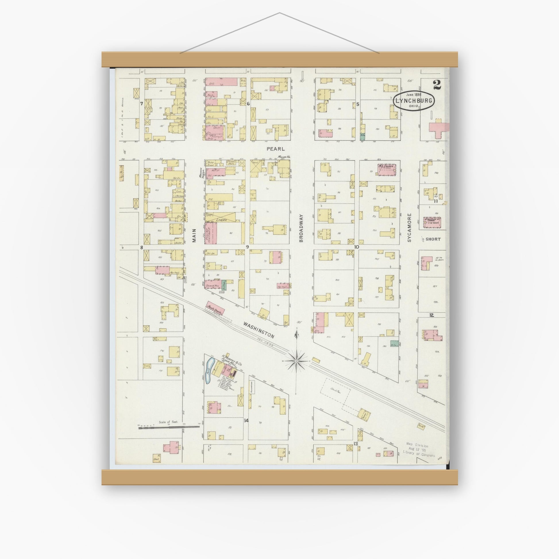 Old map wall art mockup — magnetic wood frame on white wall — Sanborn Fire Insurance Map from Lynchburg, Highland County, Ohio (1895), Sheet #0002