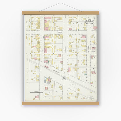 Old map wall art mockup — magnetic wood frame on white wall — Sanborn Fire Insurance Map from Lynchburg, Highland County, Ohio (1895), Sheet #0002