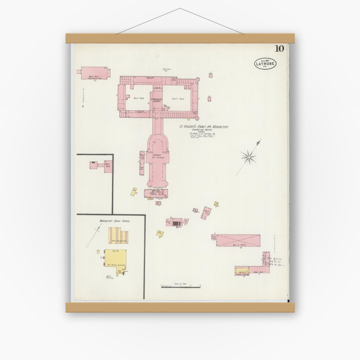 Old map wall art mockup — magnetic wood frame on white wall — Sanborn Fire Insurance Map from Latrobe, Westmoreland County, Pennsylvania (1897), Sheet #0010