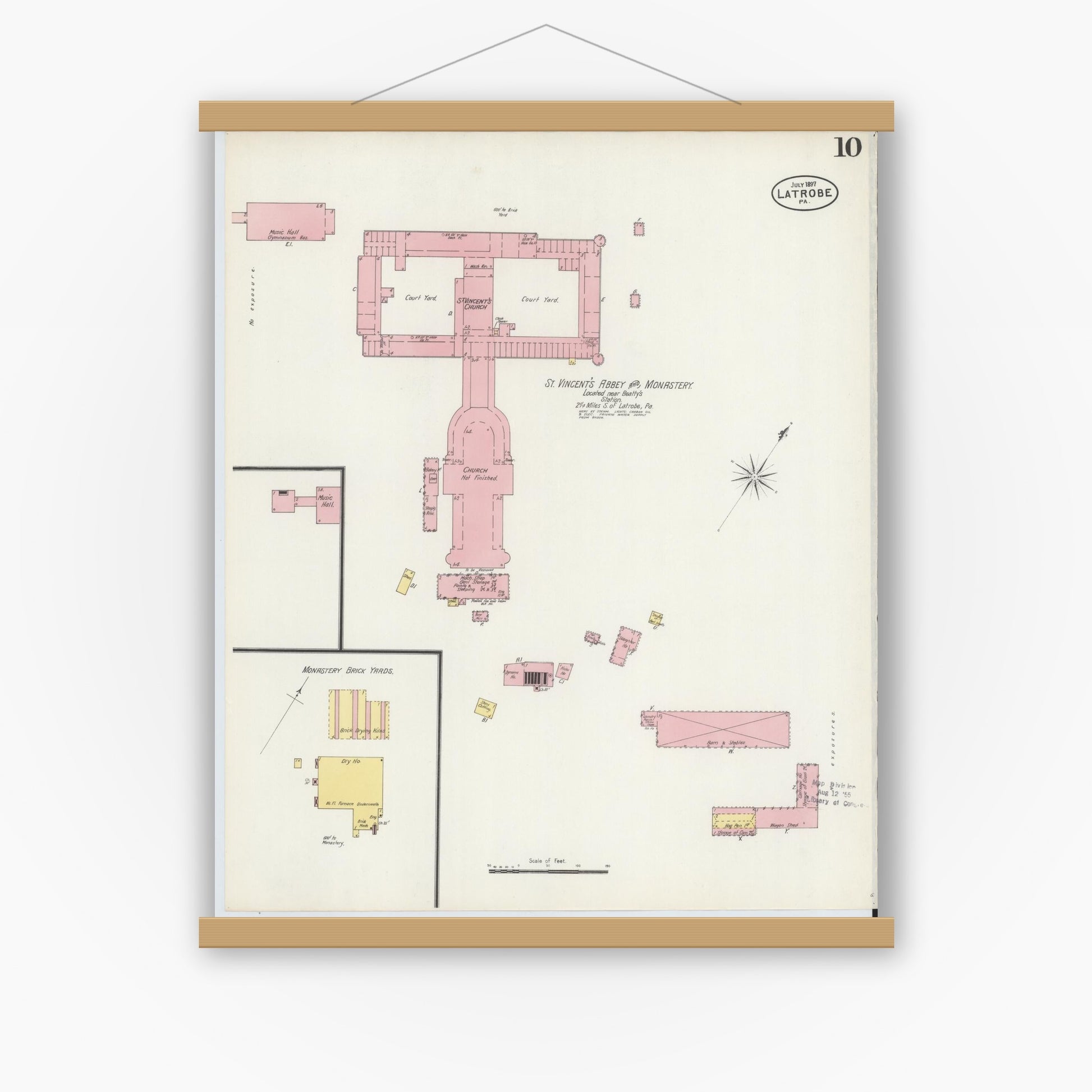 Old map wall art mockup — magnetic wood frame on white wall — Sanborn Fire Insurance Map from Latrobe, Westmoreland County, Pennsylvania (1897), Sheet #0010