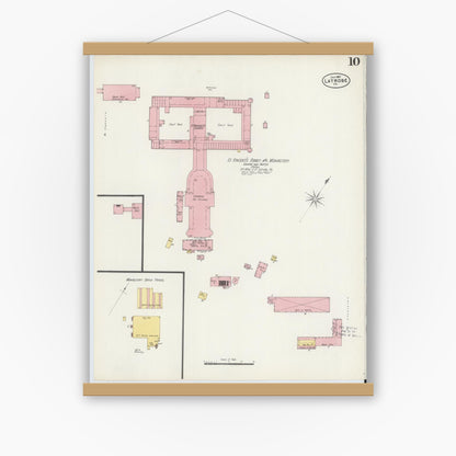 Old map wall art mockup — magnetic wood frame on white wall — Sanborn Fire Insurance Map from Latrobe, Westmoreland County, Pennsylvania (1897), Sheet #0010