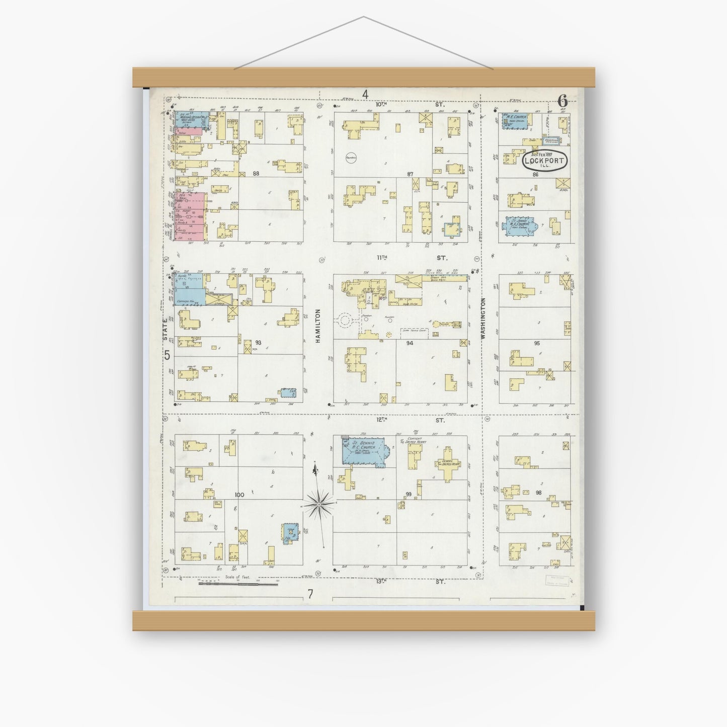 Old map wall art mockup — magnetic wood frame on white wall — Sanborn Fire Insurance Map from Lockport, Will County, Illinois (1897), Sheet #0006